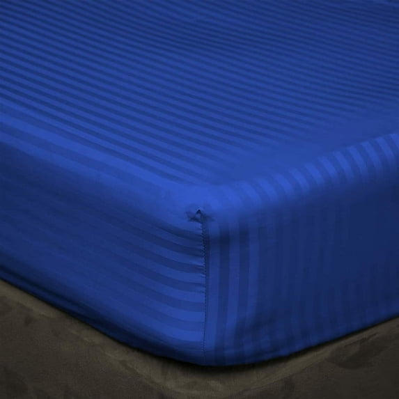 PURE DREAMS-100% Cotton, 600 TC, Flat Sheet, 18" Deep Pocket Fitted Sheet & 4 Pillow Cases-Twin-XL Size Soft Sateen Finish Sheet Set 6 Piece-Royal Blue Stripe