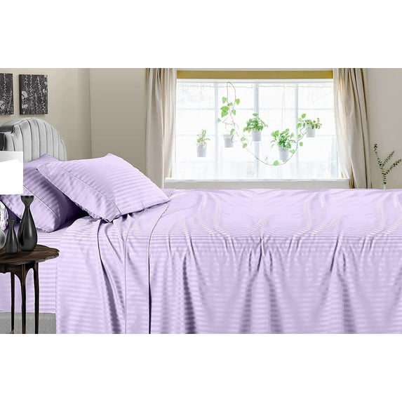 PURE DREAMS BEDDING-Hotel Luxury Sheet Set 4 Piece-100% Egyptian Cotton, 300 TC, Fits up to 12" Deep Pocket-Lavender Stripe, King Size