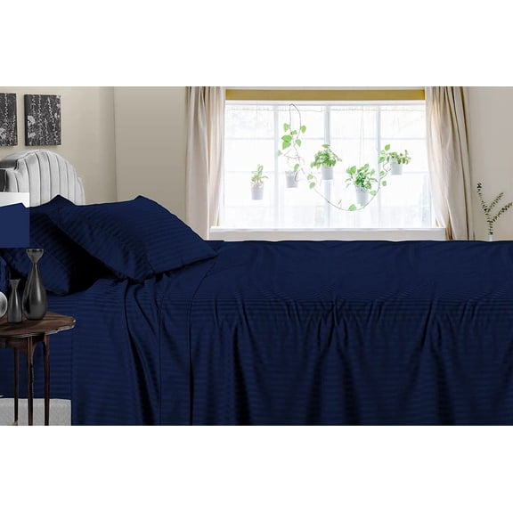 PURE DREAMS BEDDING-Hotel Luxury Sheet Set 4 Piece-100% Egyptian Cotton, 300 TC, Fits up to 12" Deep Pocket-Navy Blue Stripe, Twin-XXL Size