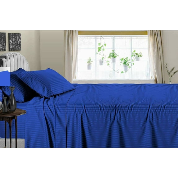 PURE DREAMS BEDDING-Hotel Luxury Sheet Set 4 Piece-100% Egyptian Cotton, 300 TC, Fits up to 18" Deep Pocket-Royal Blue Stripe, Olympic Queen Size