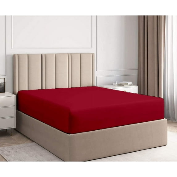 PURE DREAMS BEDDING-Hotel Quality 1 Piece Elastic Fitted Sheet Only, 100% Cotton, 400 TC, 30" Deep Pocket-Burgundy Solid, Twin-XL Size