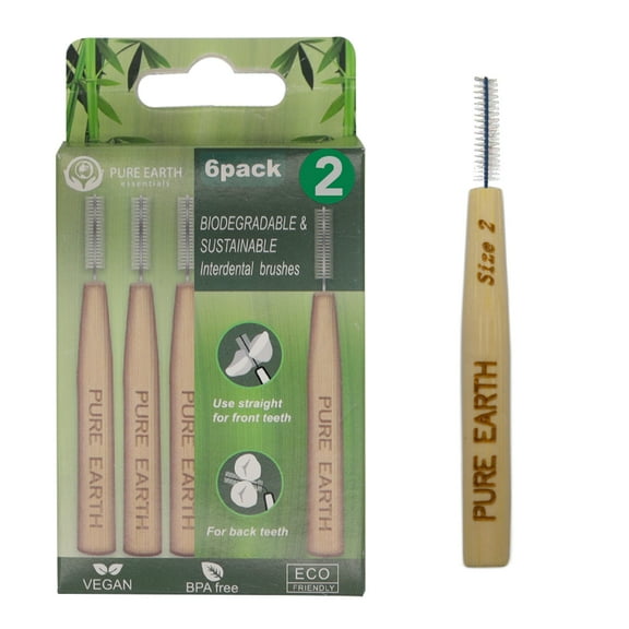 PURE EARTH essentials - Bamboo Interdental Brushes - Size 2 (Pack of 6, 0.6mm)