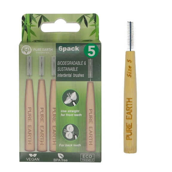 PURE EARTH essentials - Bamboo Interdental Brushes - Size 5 (Pack of 6, 1.2mm)