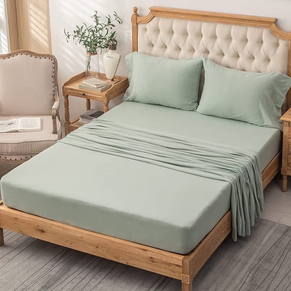 PURE ERA 100% Cotton Jersey Knit 4pc Bed Sheet Set Ultra Soft Breathable, Solid Sage Green King Size