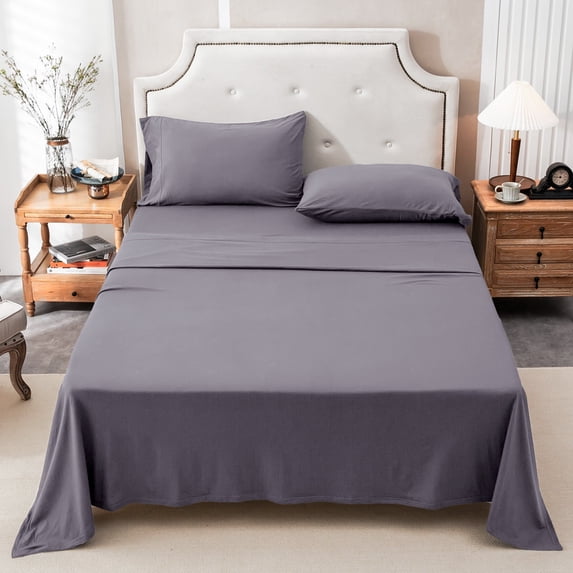 PURE ERA 100% Cotton Jersey Knit 4pc Extra Deep Pocket Sheet Set Super Soft Fits Mattress Up to 20" (King Size,Solid Violet Purple Gray )