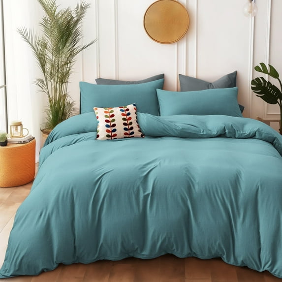 PURE ERA Duvet Cover Set California King Size 100% Cotton Jersey Knit Cotton Super Soft,Solid Color Teal Green