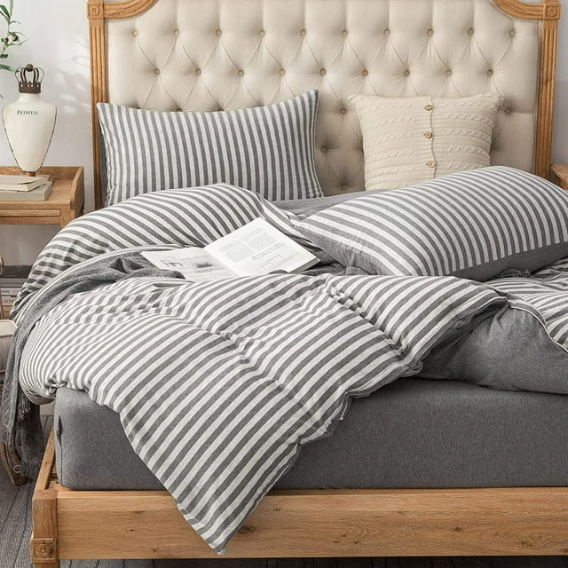 PURE ERA 100 Cotton Reversible Striped Duvet Cover Set Queen Dark Grey
