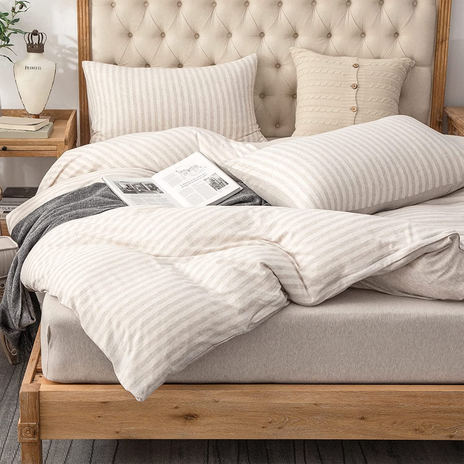 Heather Beige Stripe Jersey Cotton Full Duvet Cover Set