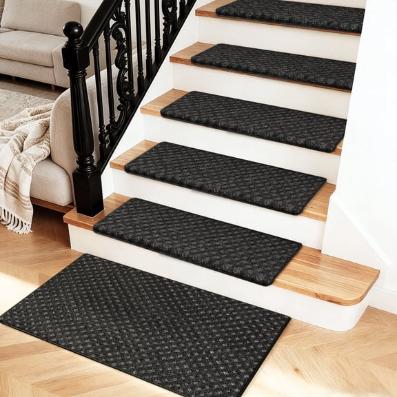 PURE ERA 14pcs Bullnose Carpet Stair Treads Cover 9.5" x 30"with 1pc Matching Landing Mat 24" x 36" for Wooden Steps Tape Free Non-Slip (Black Mini Diamond Trellis)