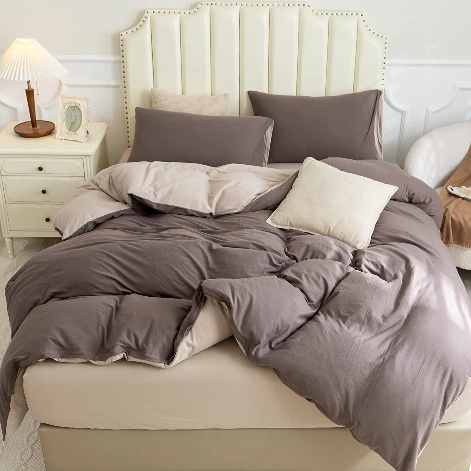 PURE ERA 3pc Duvet Cover Set-Jersey Knit Cotton 100% T-Shirt Cotton-Reversible Cover Super Soft Stretchy-King Size,Solid Brown/Tan