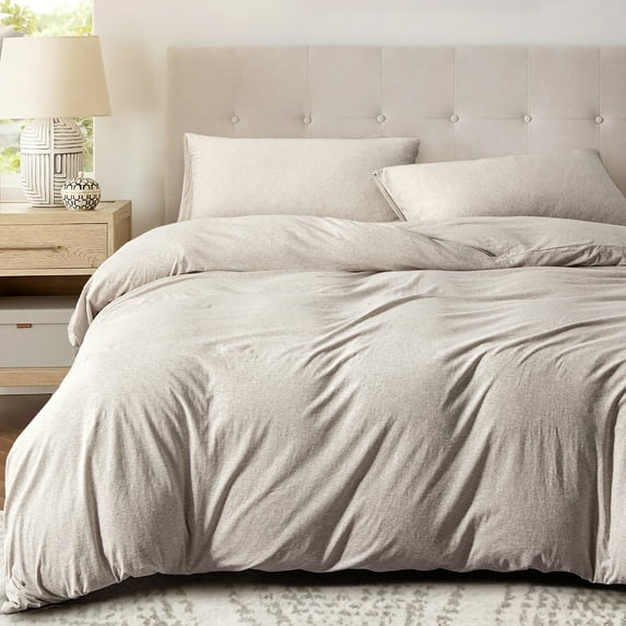 PURE ERA 3pc Duvet Cover Set-Jersey Knit Cotton 100% T-Shirt Cotton-Super Soft Stretchy Zipper Closure-Queen Size,Beige