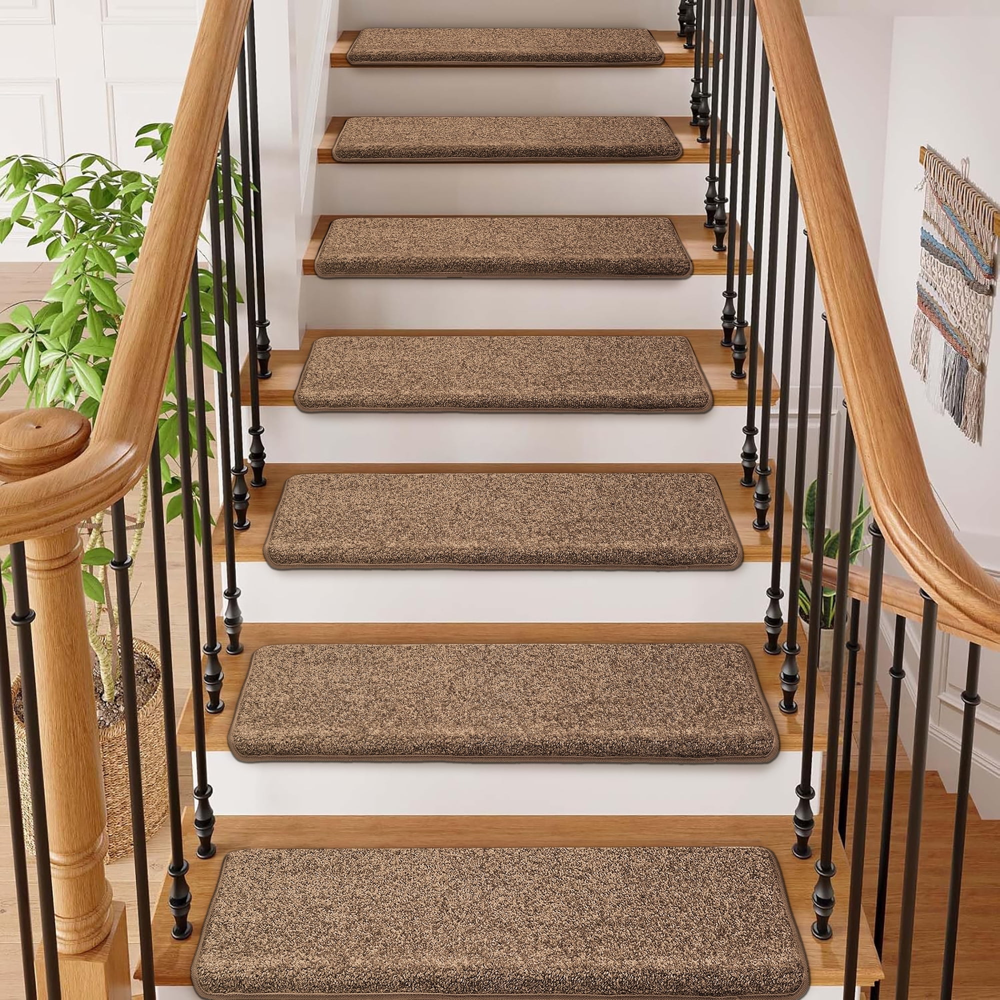 PURE ERA Bullnose Carpet Stair Tread Set of 14 Non Slip Self Adhesive Indoor Stair Protectors Rugs Covers Mats Skid Resistant Tape Free Camel Brown