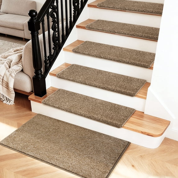 PURE ERA Bullnose Carpet Stair Treads Cover 9.5"x30"x1.2" 14pcs With 1pcs Matching Landing Mat 2'x3'For wooden stair steps(Camel Brown)