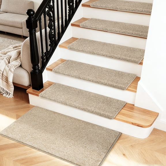 PURE ERA Bullnose Carpet Stair Treads Cover 9.5"x30"x1.2"14pcs With 1pcs Matching Landing Mat 2'x3'For wooden stair steps(Cream Gray)