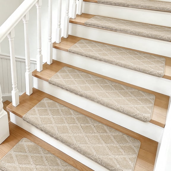 Pure Era Bullnose Carpet Stair Treads Cover 9.5" x 30" Classic Pattern Rug Indoor Non Slip Self Adhensive (Set of 14 Pieces,Cream Gray Diamond Trellis)