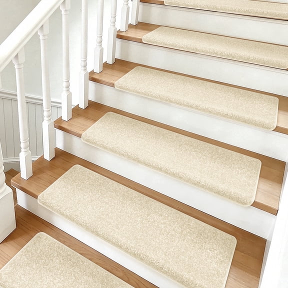 PURE ERA Bullnose Carpet Stair Treads Set of 16 Non Slip Self Adhesive Pet Friendly Indoor Stair Protectors Rugs Covers Mats Skid Resistant Tape Free Soft Beige 9.5" x 30"x1.2"