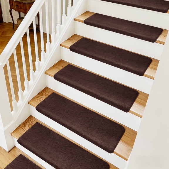 PURE ERA Bullnose Carpet Stair Treads Set of 7 Non-Slip Self Adhesive Ultra Plush Soft Pet Friendly Skid Resistant Tape Free Washable Reusable Dark Brown 9.5" x 30"x1.2"