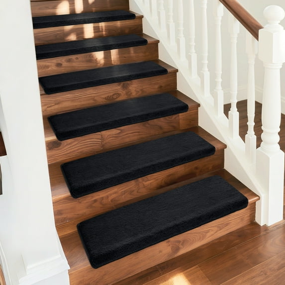 PURE ERA Bullnose Plush Carpet All Stair Treads Set of 14 Ultra Soft Non-Slip Self Adhesive Skid Resistant Tape Free 9.5" x 30"x1.2"Black