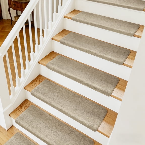 PURE ERA Bullnose Plush Carpet Stair Tread Set of 14 Ultra Soft Non-Slip Self Adhesive Skid Resistant Tape Free Washable 9.5" x 30"x1.2"Cream Gray