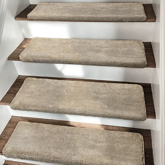 PURE ERA Bullnose Plush Carpet Stair Tread Set of 14 Ultra Soft Non-Slip Self Adhesive Skid Resistant Tape Free Washable 9.5" x 30"x1.2"Cream Gray