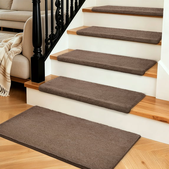 PURE ERA Bullnose Plush Carpet Stair Treads 14pcs With 1pcs Matching Landing Mat Self Adhesive Non-slip Brown