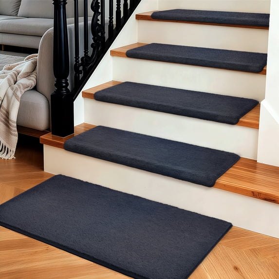 PURE ERA Bullnose Plush Carpet Stair Treads Cover 9.5"x30" 14pcs With 1pcs Matching Landing Mat Door Rug 24"x36"Self Adhesive Tape Free (Dark Gray)