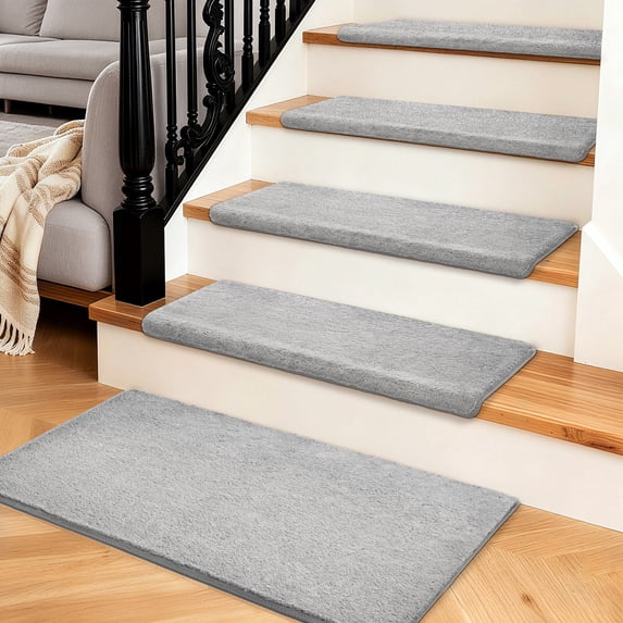 PURE ERA Bullnose Plush Gray Carpet Stair Treads Cover 9.5"x30" 14pcs With 1pcs Matching Landing Mat 24"x36"Indoor Rug Self Adhesive Tape Free