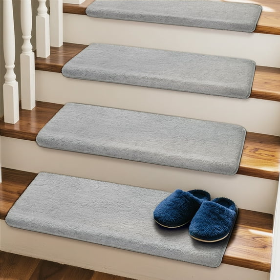 PURE ERA Bullnose Soft Plush Carpet Stair Treads Wooden Steps Rugs Self Adhesive Non-slip 9.5" x 30"x1.2" (Set of 7, Gray)
