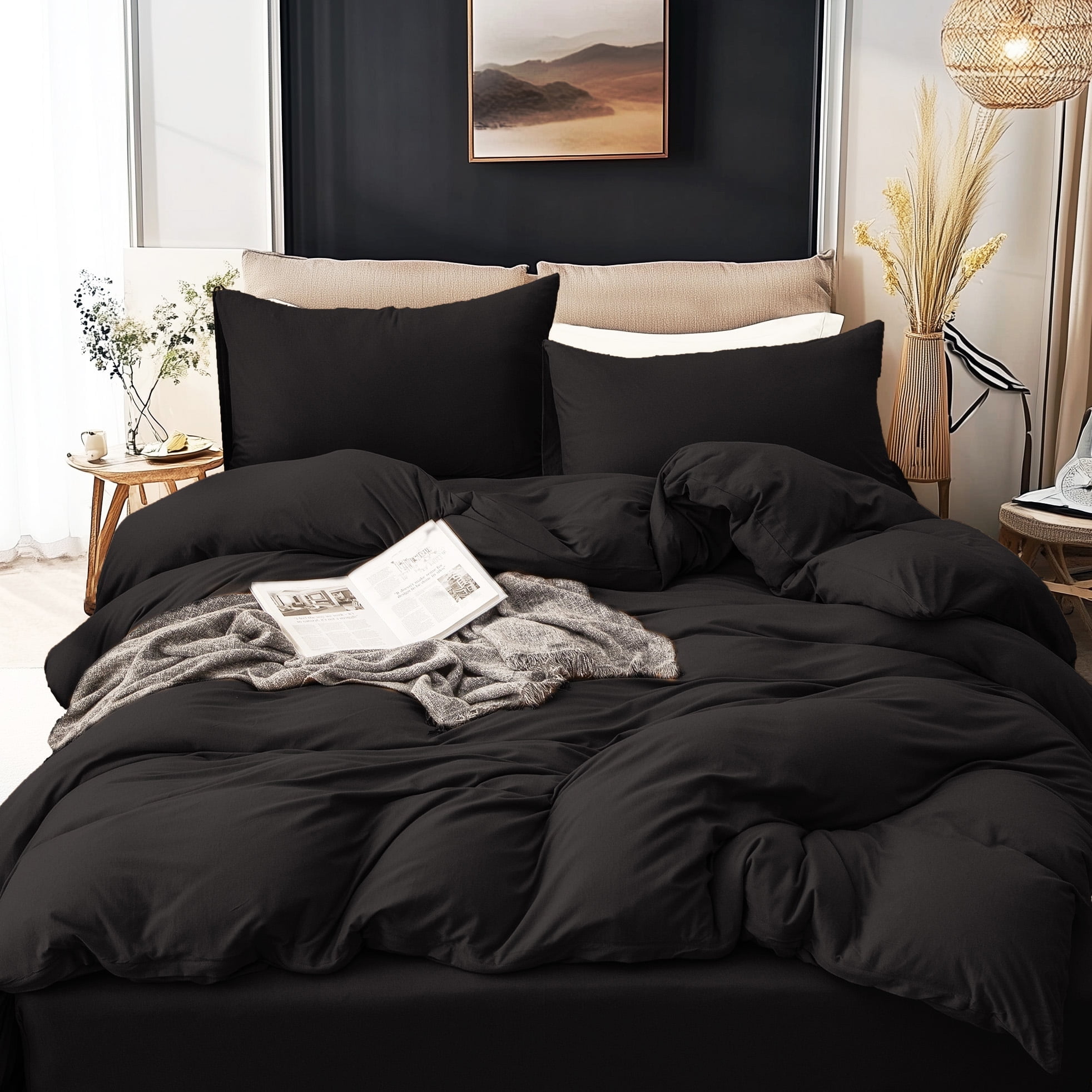 California King Solid Black Jersey Knit Cotton Duvet Cover Set
