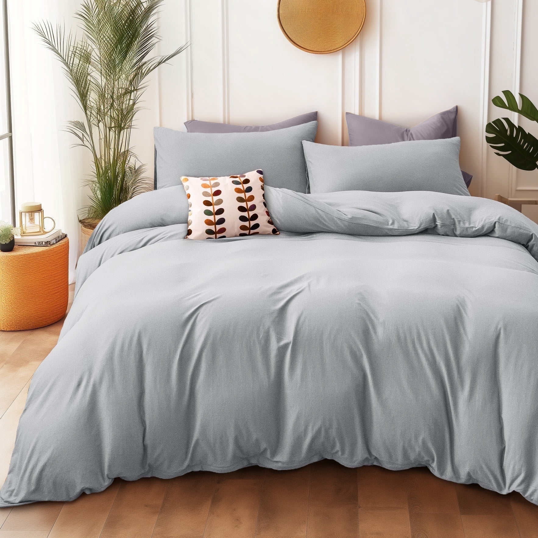 PURE ERA Duvet Cover Set Jersey Knit Cotton 100%,Ultra Soft 3Piece Bedding Set(King Size, Solid Light Gray)