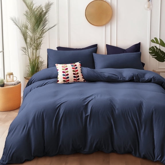 PURE ERA Duvet Cover Set Jersey Knit Cotton 100%,Ultra Soft 3Piece Bedding Set(King Size, Solid Navy Blue)