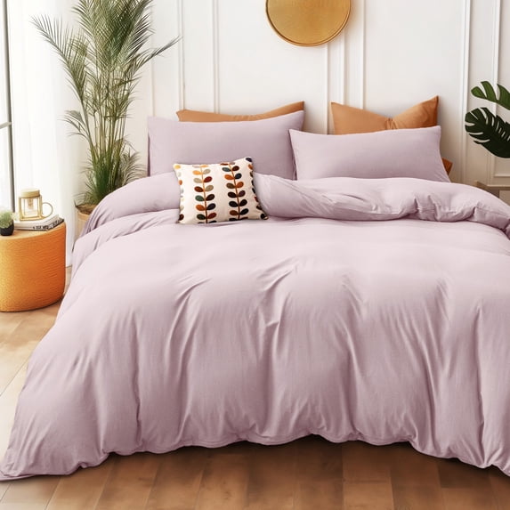 PURE ERA Duvet Cover Set Jersey Knit Cotton 100%,Ultra Soft 3Piece Bedding Set(Queen, Solid Sakura Pink)