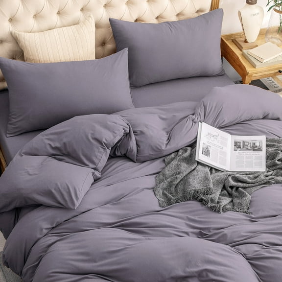 PURE ERA Duvet Cover Set Jersey Knit Cotton 100%,Ultra Soft 3Piece Bedding Set(Queen, Solid Violet Gray)