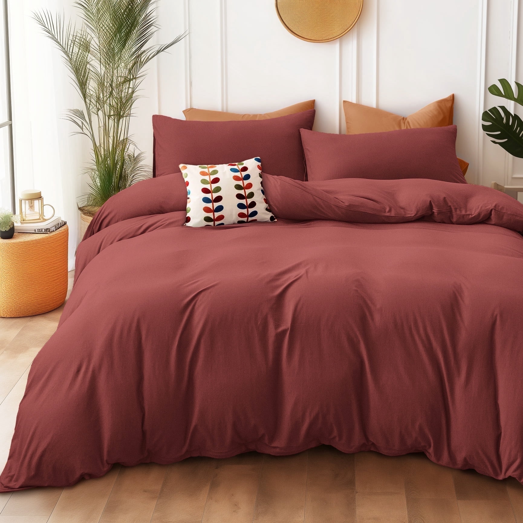 PURE ERA Duvet Cover Set Jersey Knit Solid 100% T-Shirt Cotton Ultra Soft 3pcs Bedding Set(Queen,Brick Red)