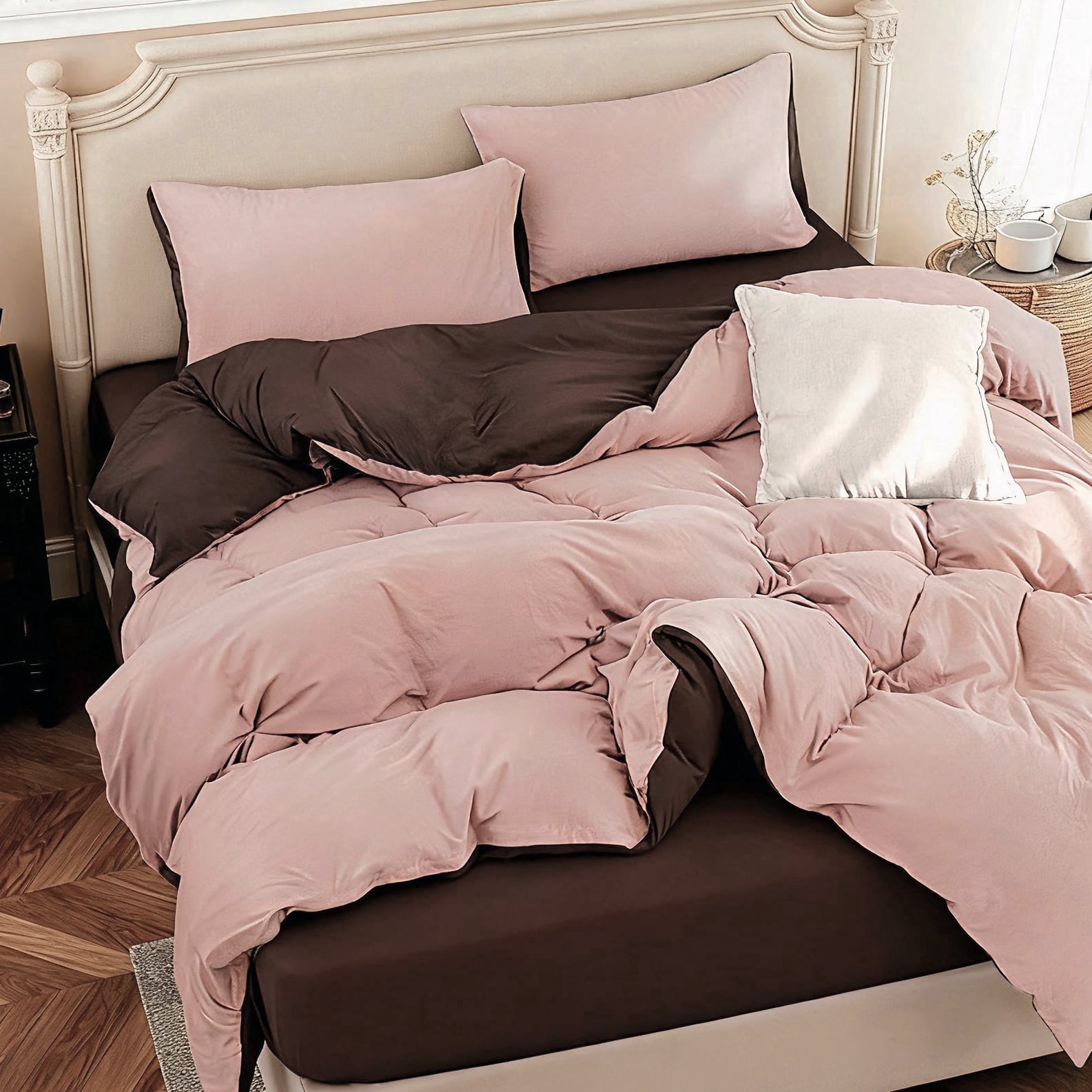 PURE ERA Duvet Cover Set Queen Size 100% Jersey Cotton Reversible Ultra Soft Stretchy Solid Pink Chocolate Brown (1 Duvet Cover 2 Pillow Shams)