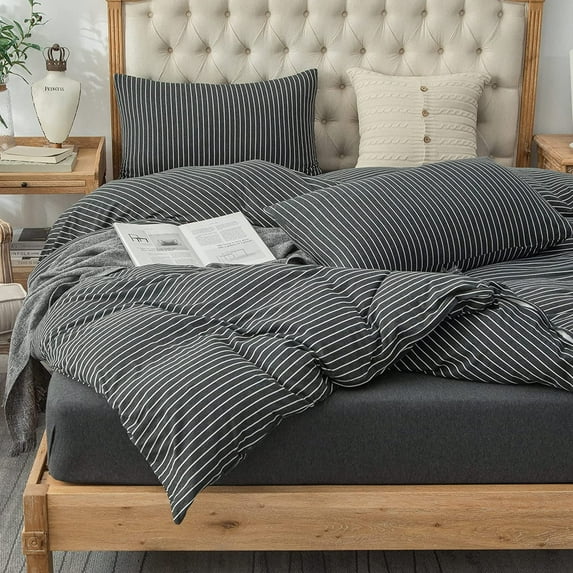 PURE ERA Duvet Cover Set - Ultra Soft Heather Jersey Knit Cotton Home Bedding Narrow Pinstripes Black & White Queen Size, 1 Comforter Cover and 2 Pillow Shams
