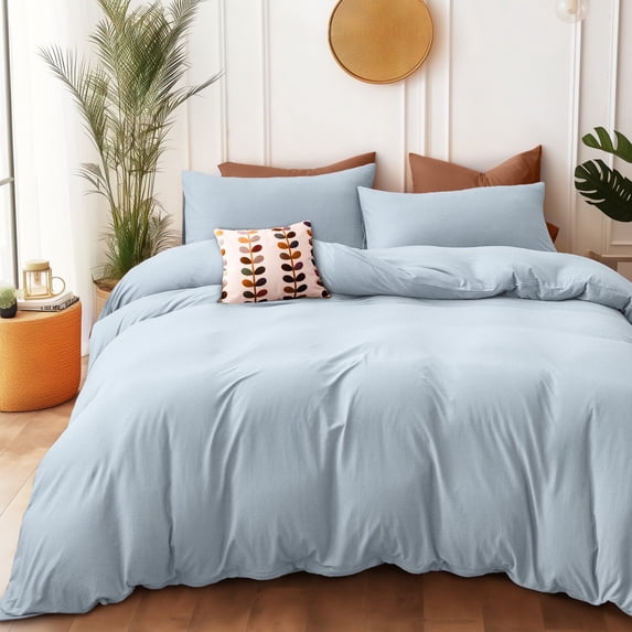 PURE ERA Jersey Cotton Queen Size Duvet Cover Set Ultra Soft 3Pc Bedding Set Solid Airy Light Baby Blue