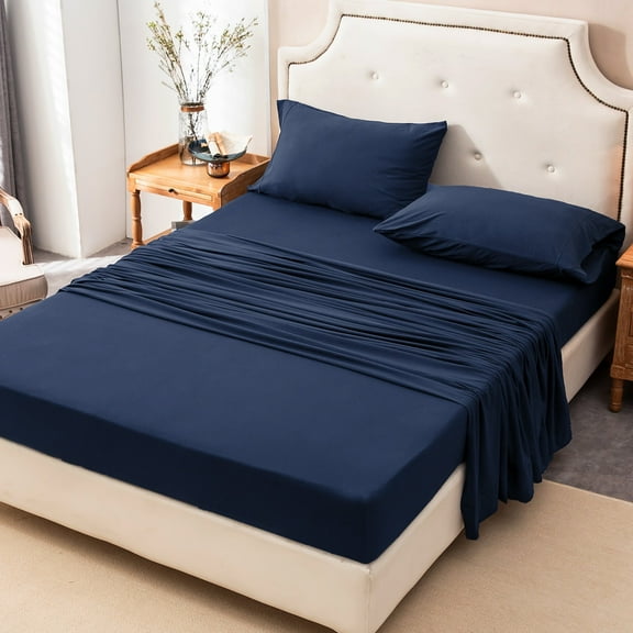 PURE ERA Jersey Knit 4pcs Sheets Set 20" Deep Pocket Ultra Soft 100% Cotton Bedding (King size, Solid Navy Blue)