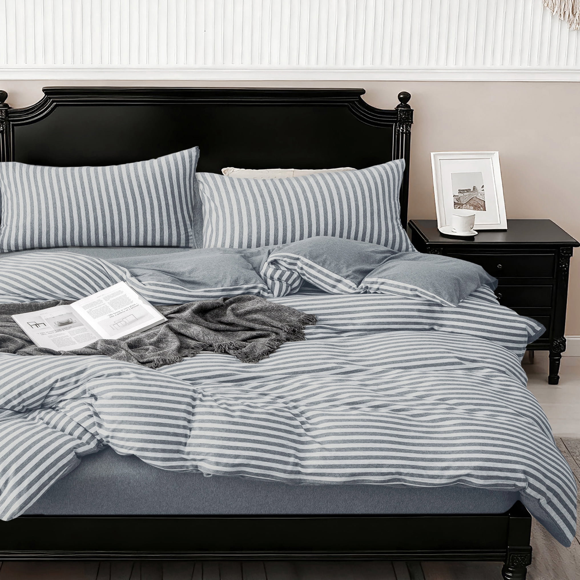 PURE ERA Jersey Knit Duvet Cover Set 100% T-Shirt Heather Cotton Super Soft Striped Design, with Zipper Closure, Blueish Grey Stripe, Queen