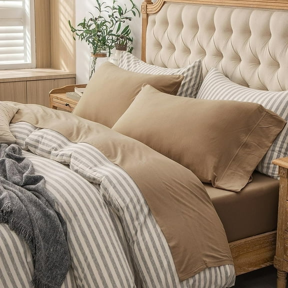 PURE ERA Jersey Knit Sheets Set 4pcs Ultra Soft 100% Cotton Bedding 20" Deep Pocket (Queen, Toffee Brown)