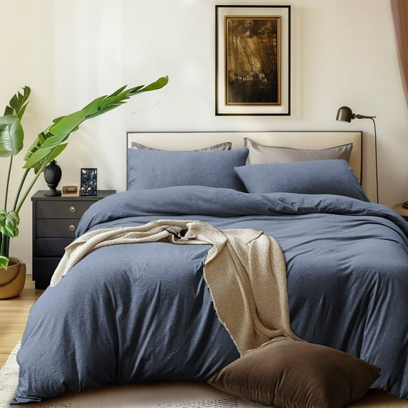 PURE ERA Duvet Cover Set Jersey Knit Cotton 100% T-Shirt Cotton Ultra Soft 3Piece Bedding Set(Full Size,Heathered Hearthed Blue)