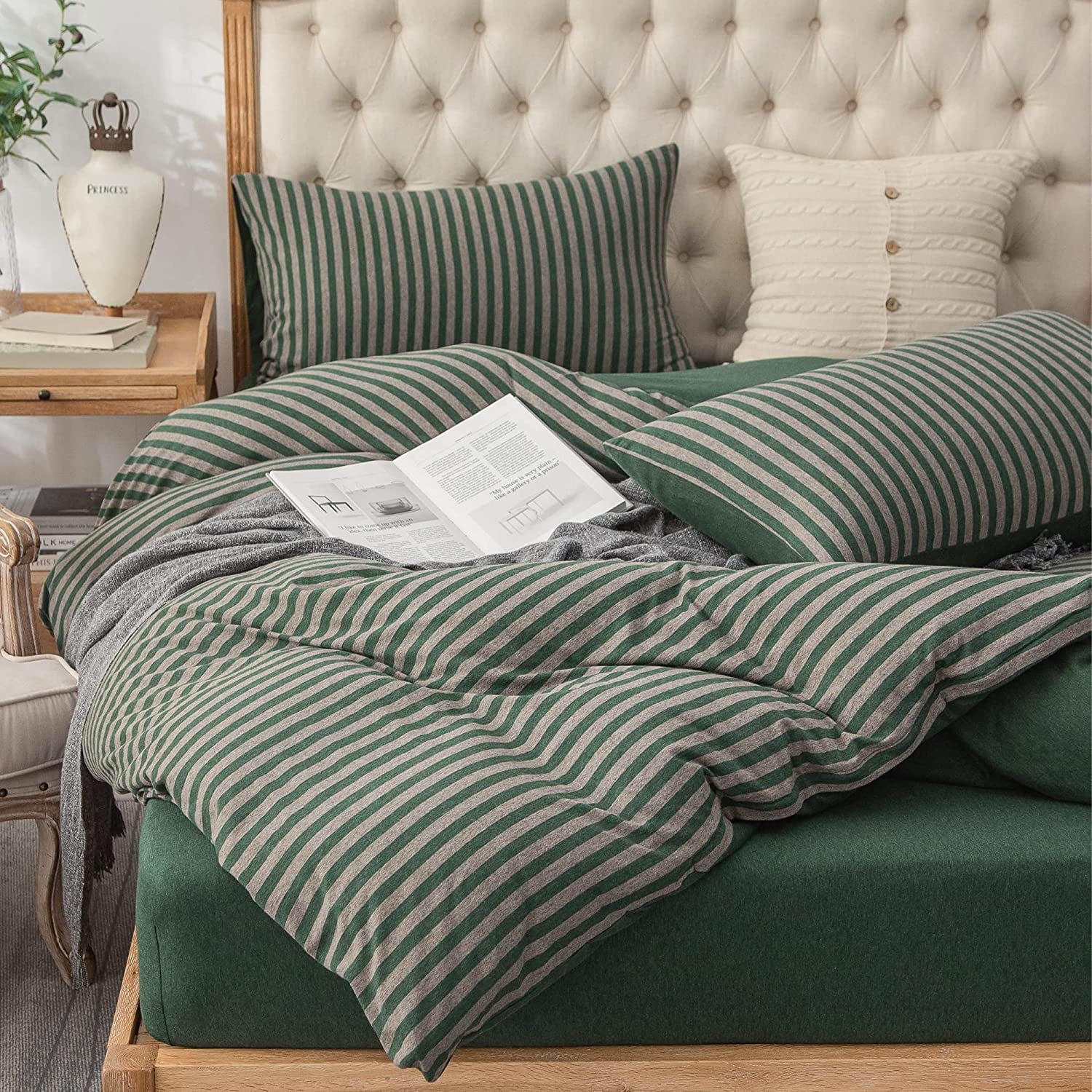 PURE ERA Jersey Knit Solid Duvet Cover Set 100% T-Shirt Cotton Ultra Soft 3Piece Bedding Set(Full Size, Green Stripe)