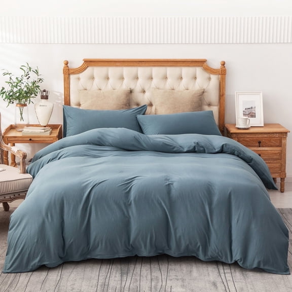 PURE ERA King Size Duvet Cover Set 100% Jersey Cotton Ultra Soft Stretchy Solid Cerulean Blue (1 Duvet Cover 2 Pillow Shams)