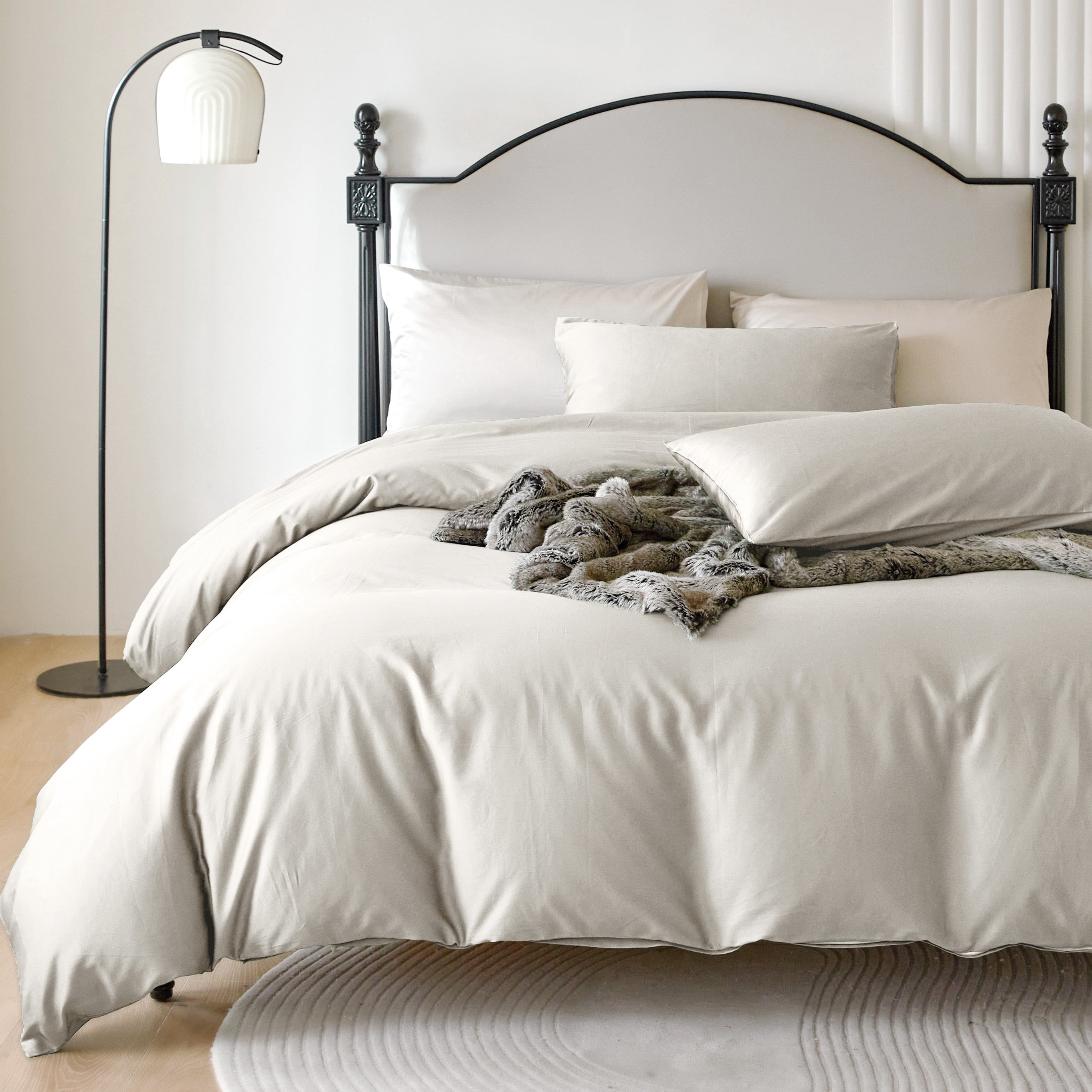 PURE ERA Long Staple Cotton Duvet Cover 3pc Set 800 Thread Count Sateen Silky Soft Luster(Ivory Gray Queen Size)