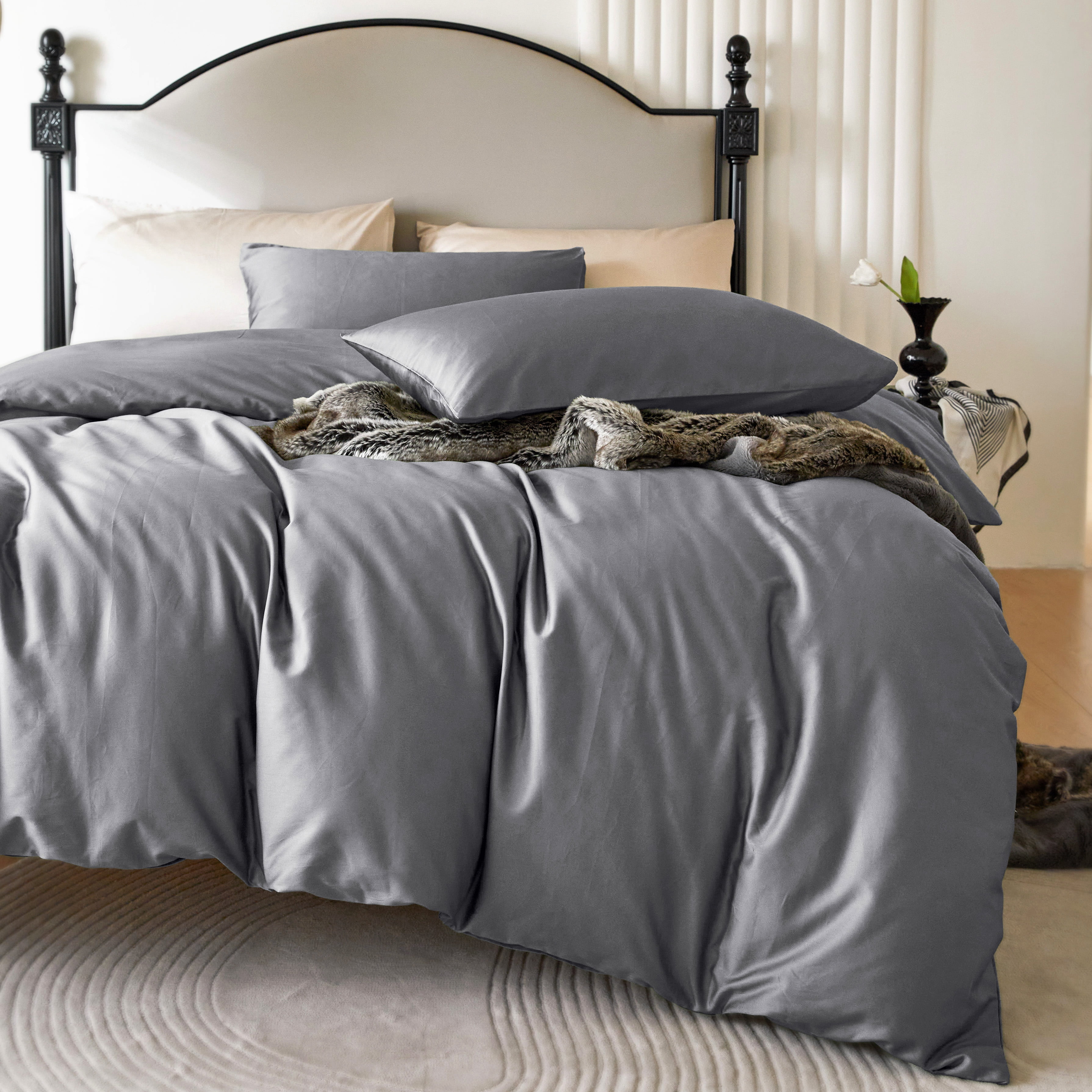 PURE ERA Long Staple Cotton Duvet Cover Pillow Shams Set 800TC Bedding Sateen Silky Soft Luster Urban Gray Queen