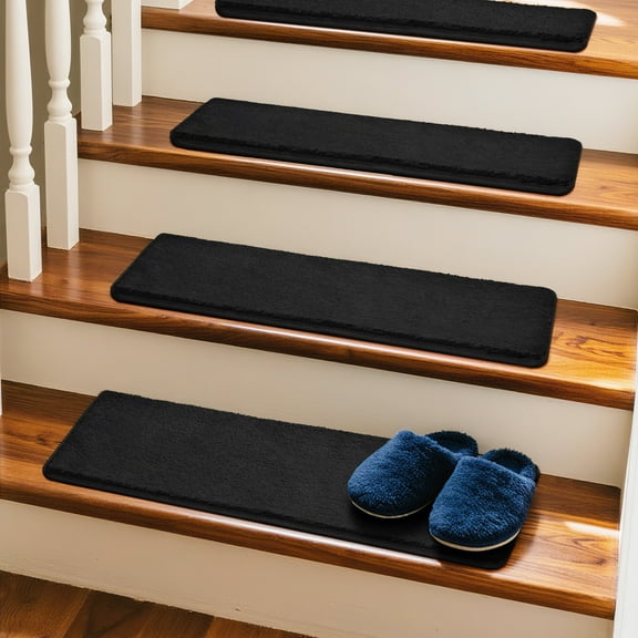 PURE ERA Plush Carpet Stair Treads Cover Stair Steps Rugs Non-Slip Mat Self Adhesive 8" X 30"(Pack of 4,Black)