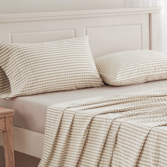 PURE ERA Queen Sheet Set Washed Cotton Beige Gingham 4pc Bedding Set 100% Cotton 15" Deep Pocket Fitted Sheet 2 Pillowcases(Queen,Beige)