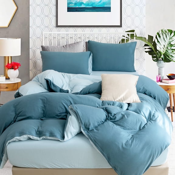 PURE ERA Reversible 100% Jersey Cotton Duvet Cover Set, Ultra Soft Solid Cerulean Blue/Light Blue Queen