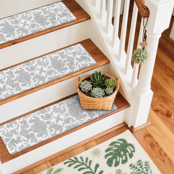 PURE ERA Soft Stair Treads Pad Cover 8"x30" PVC Cushioned Foam Pad Mats Tape Free Easy Clean(12 Pieces,Gray Floral Prints)