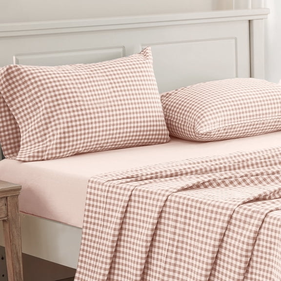 PURE ERA Twin Sheet Set Pink Gingham Washed Cotton 4pc Bedding Set 100% Cotton Grid Stripe Plaid Sheets Pillowcases(Twin,Pink)